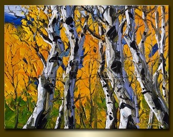 Original Autum Birch Landscape Painting Oil on Canvas Textured Palette Knife Contemporary Modern Tree Art 12X16 by Willson Lau