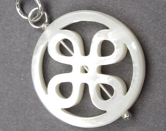 Mother of Pearl Infinity Knot Quatrefoil Sterling Silver Wire Wrapped Pendant Dangle Charm with Sterling Silver Jump Ring