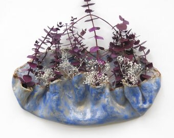 Blue Ceramic Wall Pocket Organic Clay Wall Vessel Pottery Art Wall Vase Rustic Wall Hanging