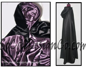 Black Full Length Hooded Cloak with Purple Satin Lining