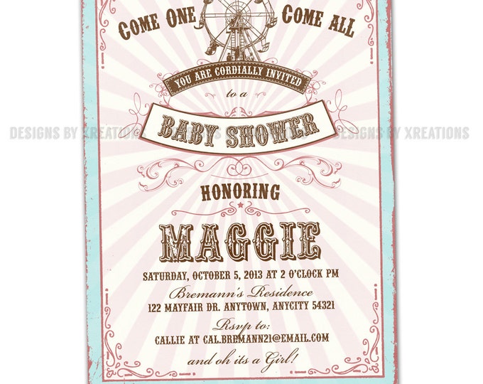 Vintage Pink Circus or Pink Country Fair Invitation, Customizable Wordings, Print your own