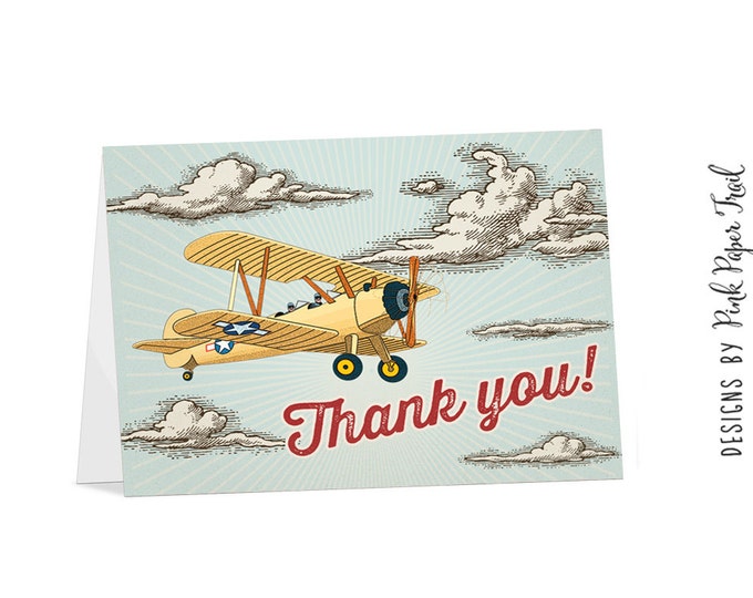 Thank You Card, Vintage Retro Airplane, Instant Download, Print your own