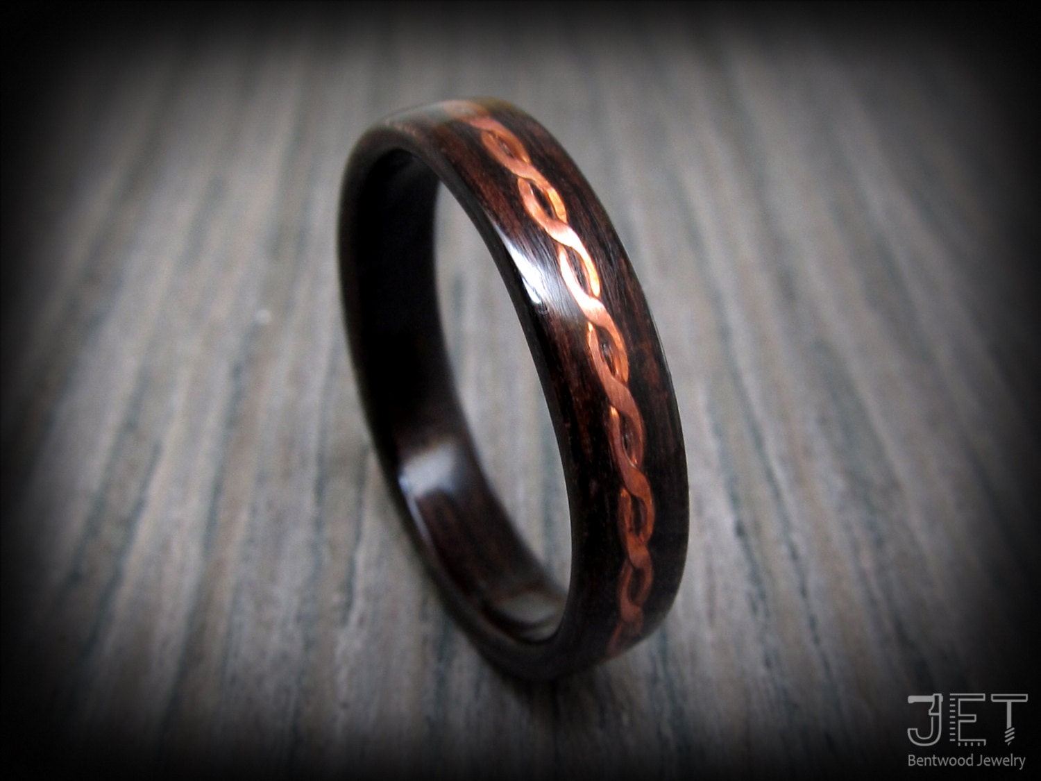 Steam Bent-Wood Ring Macassar Ebony with Twisted and Hammered