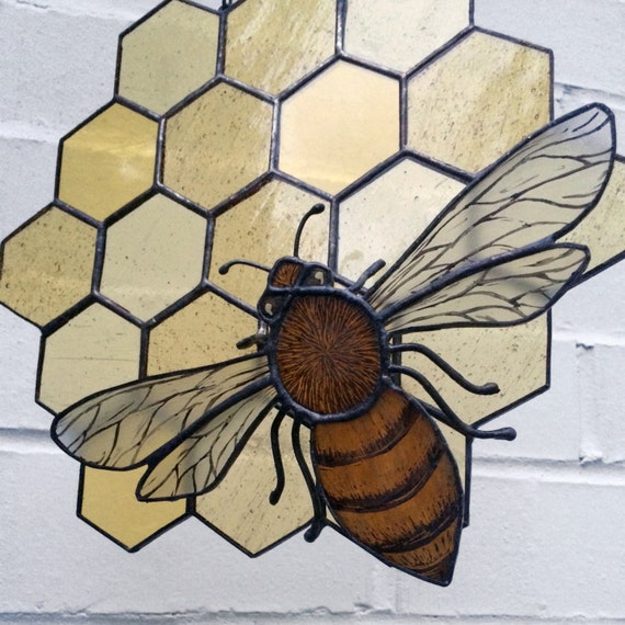 Items similar to Stained Glass Honey Bee on Honeycomb Hanging Stained ...