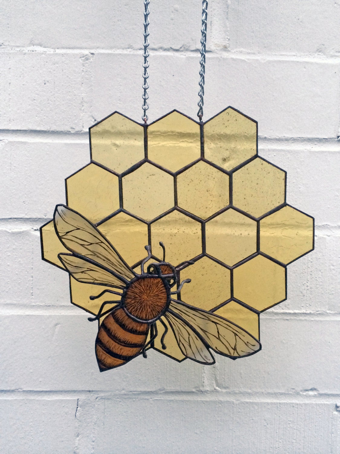 Stained Glass Honey Bee on Honeycomb Hanging Stained Glass