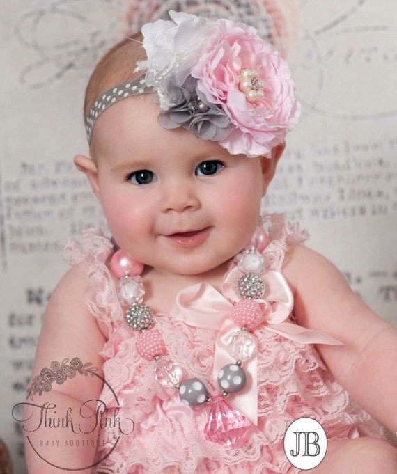 Chunky Necklace and Baby Headband SET,Baby Headbands, Girls bubble gum necklace, Pink Grey Chunky Necklace, Pink and Grey baby headband. by ThinkPinkBows