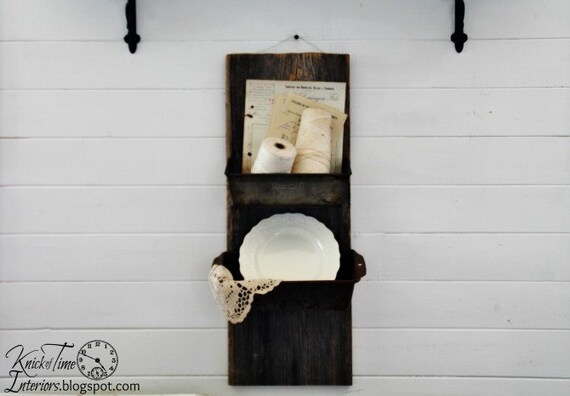 Antique Barn Wood with Baking Tin Pans - Metal Wall Bins - Industrial Farmhouse Loft
