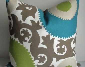 Suzani Indoor Outdoor Fahri Decorative Designer Pillow Cover teal lime taupe brown BOTH SIDES
