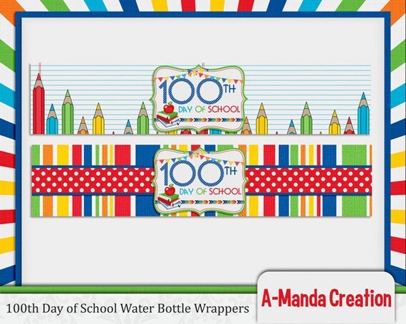 100th Day of School Printable Water Bottle Wrappers Il_570xn