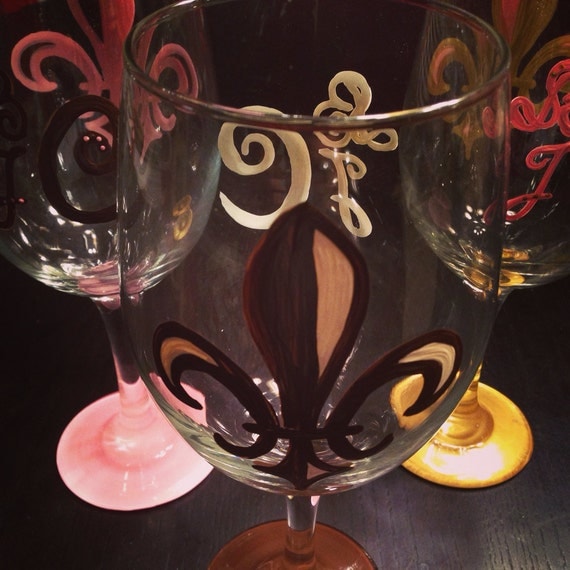 Fleur De Lis Wine Glass with monogram on the back monogrammed wedding gift