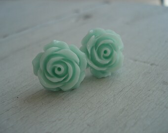 Mint Green Rose Stud Pierced Earrings Roses