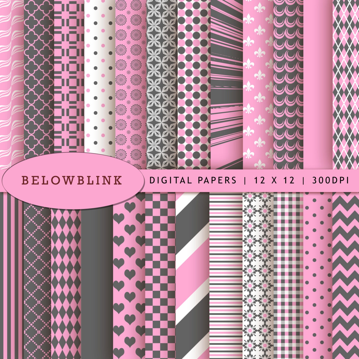 Gray and Pink Digital Paper Pack Scrapbook Papers 24 jpg