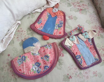 Set of 3 Unique Handmade Ribbonwork Ribbon Work Pot Holder M19