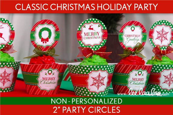 Classic Christmas Holiday Party 2 inch Party Circles & Bonus: Cupcake Wrappers NonPersonalized Printable // Classic Christmas - H2Nc Il_570xn