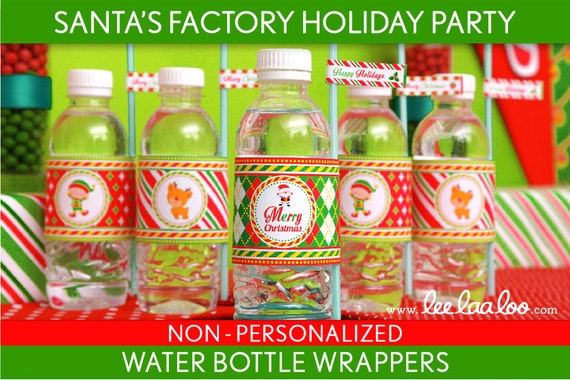 Santa’s Factory Holiday Party Water Bottle Wrappers & Bonus: Straw Flags NonPersonalized Printable // Santa’s Factory - H3Nd Il_570xn