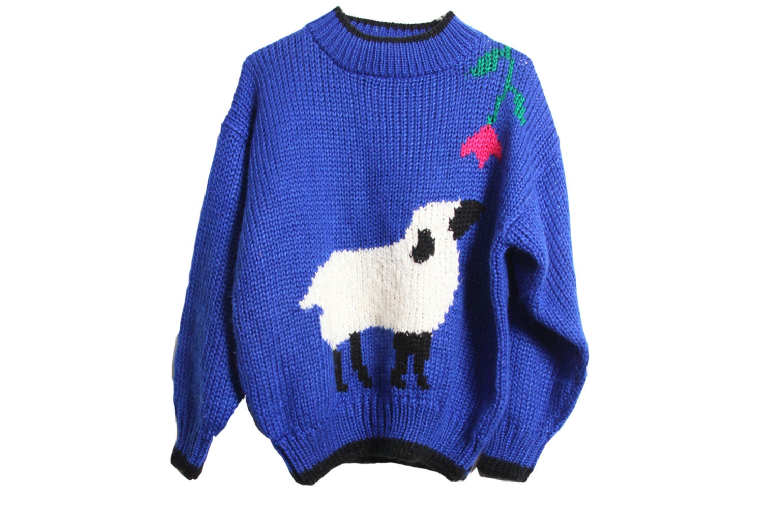 Cute Sheep Sweater Vintage Bright Blue Hand Knit by TheBeardedBee