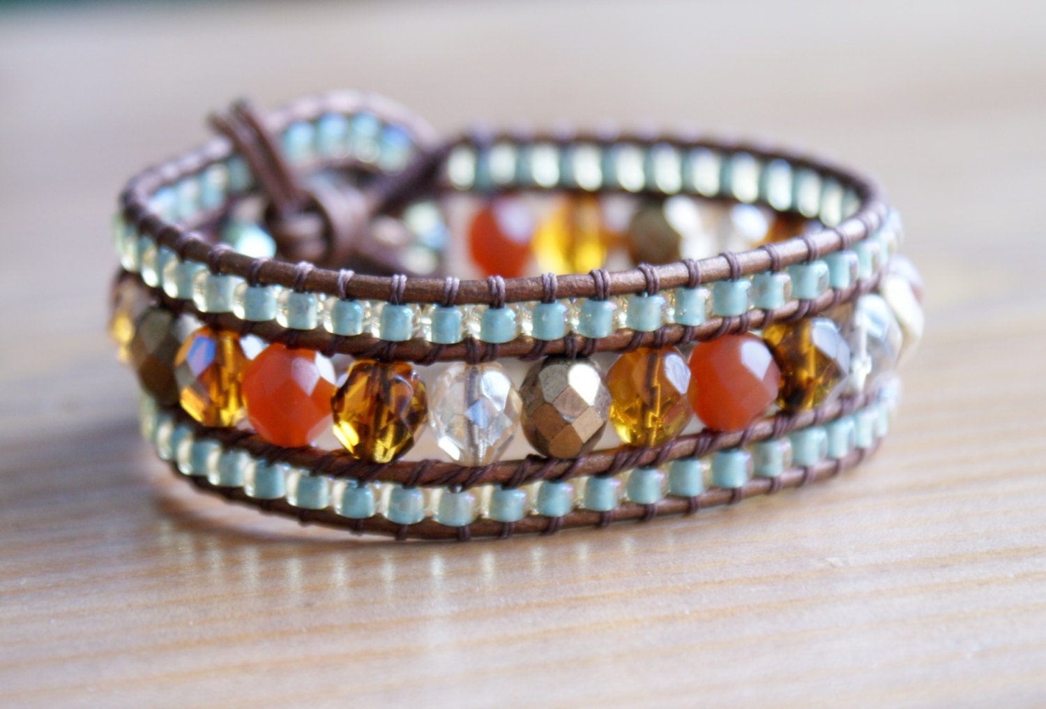 Beaded leather cuff bracelet Fall Colors bohemian beaded