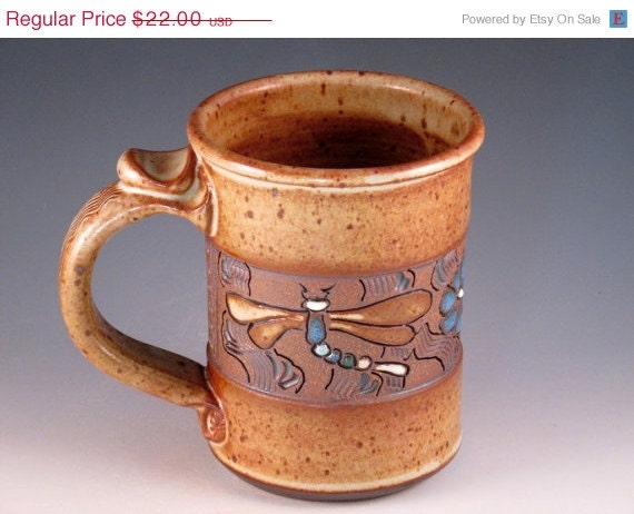 Beautiful Soft Brown Glazed Mug With Flowers, Dragonflies, and Swirl Design, Read To Ship