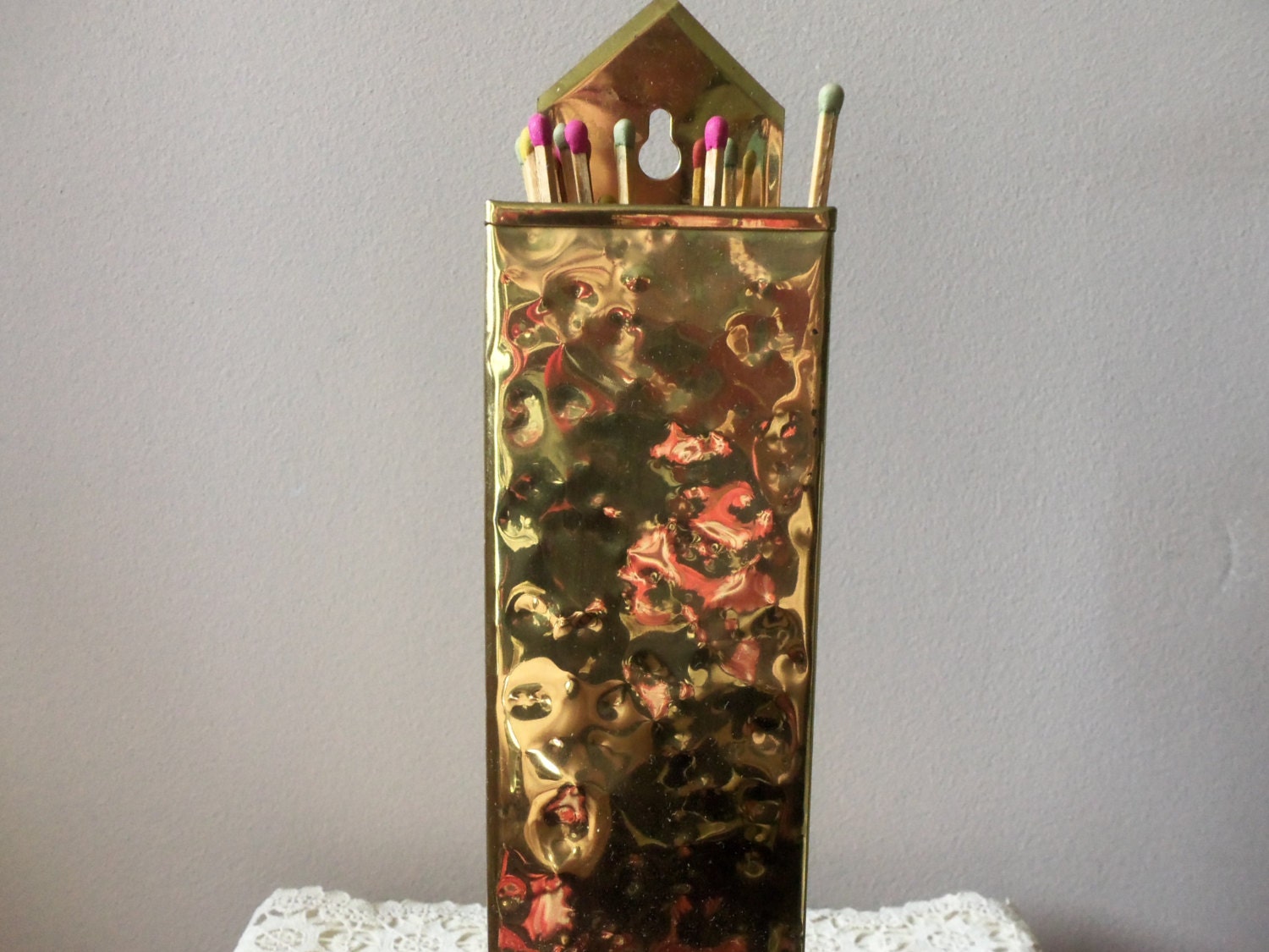 Brass Match Holder Vintage Fireplace Match Holder Hammered