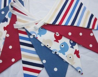 Nautical Bunting, Fabric Bunting, Seaside Pennant Banner, Flags Red White and Blue Stripes, Fish, Dots Select number of Double sided Flags