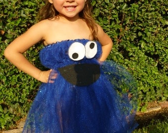 Halloween Kids Costume Cookie Monster Tutu Dress comes with a Crochet Hat and Tights Toddler Costume- Size 2-4T