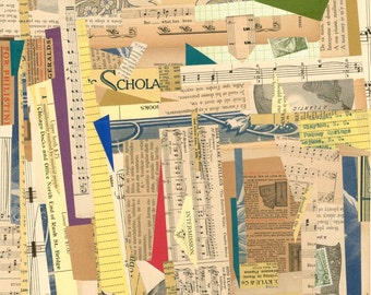 Collage Four: Archival 11"x14" PRINT of original collage with vintage papers book pages mixed media abstract modern art music type beige