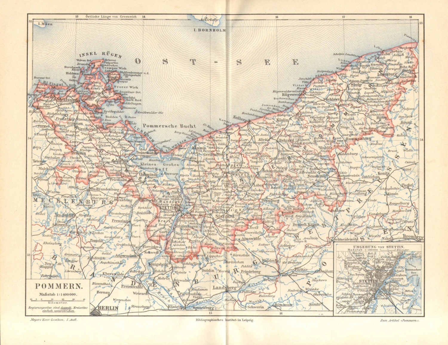 1896 Antique Dated Map of the Prussian Province of Pomerania