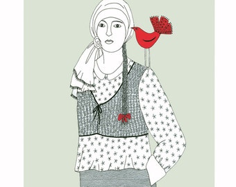 Pen and ink drawing, Woman with bird, Red bird drawing, Art illustration, Pale green art, Bird illustration, 10 x 8 print, Folk art,