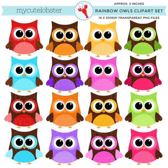 Rainbow Owls Clipart Set Clip Art Set Of Bold Rainbow