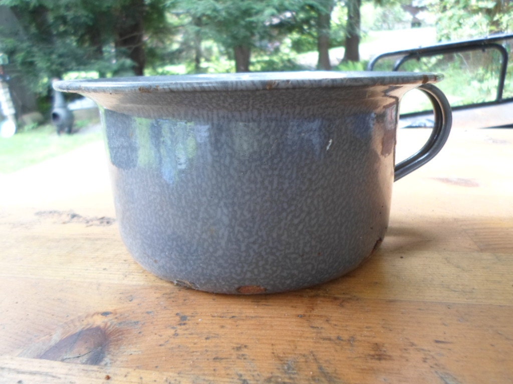 Vintage Gray Agateware Enamel Handle Chamber Pot Pee Pot 1930s