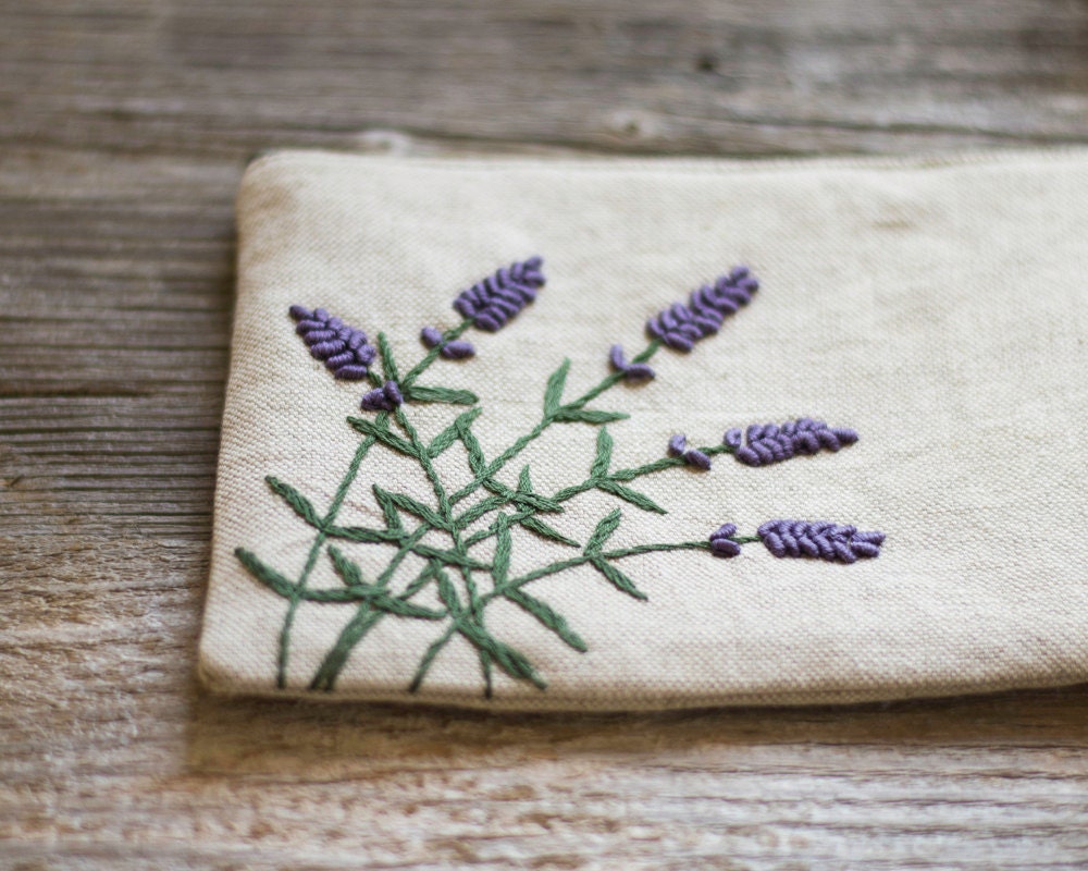 Hand embroidered Lavender Flowers on Natural Linen and Cotton