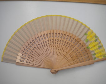 Lemon Floral Natural Wooden Hand Fan SIZE OPTIONS by Kate Dengra Spain Hand Painted Flamenco
