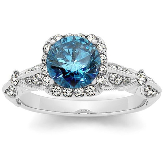 1.50CT Blue Diamond Vintage Halo Engagement Ring Antique