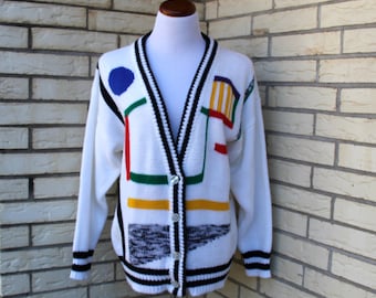 1980s Oversized Geometric Sweater V Neck Cardigan Primary Colors Graphic Print Womens Vintage Medium SALE