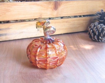 Blown Glass Pumpkin / Art Glass Sculpture / Autumn Home Decor Nature Peach Rust Brown thanksgiving mstarteam