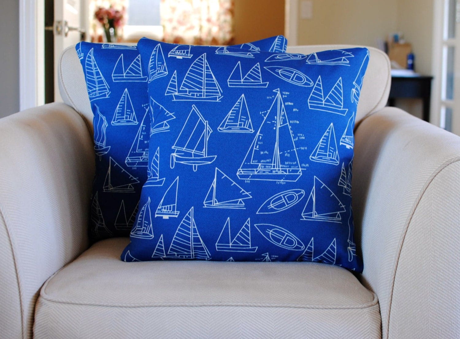 Blue sail boat decorative cushion pillow by kangaroostitches