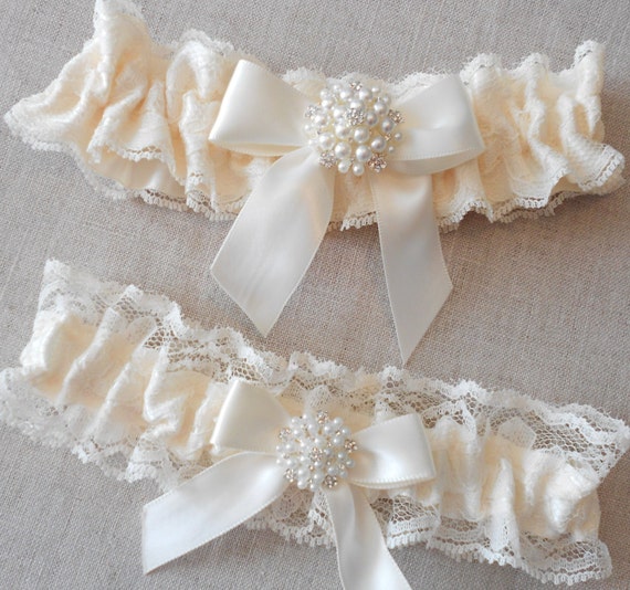 Wedding Garter Set Ivory Lace and Satin Pearl by BridalbyVanessa