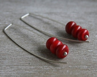 Long Red Earrings. Handmade Red Glass Beads. Stylish, simple, sophisticated