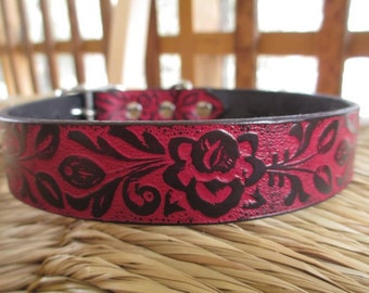 Black and Red Leather Dog Collar. 1" Width. Embossed Red Gothic Floral Collar. Made to Order.