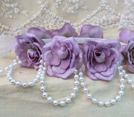 Lilac Velvet Flowers and Pearls Wedding Halo//Bridal Hair Accessories//Princess Halo//