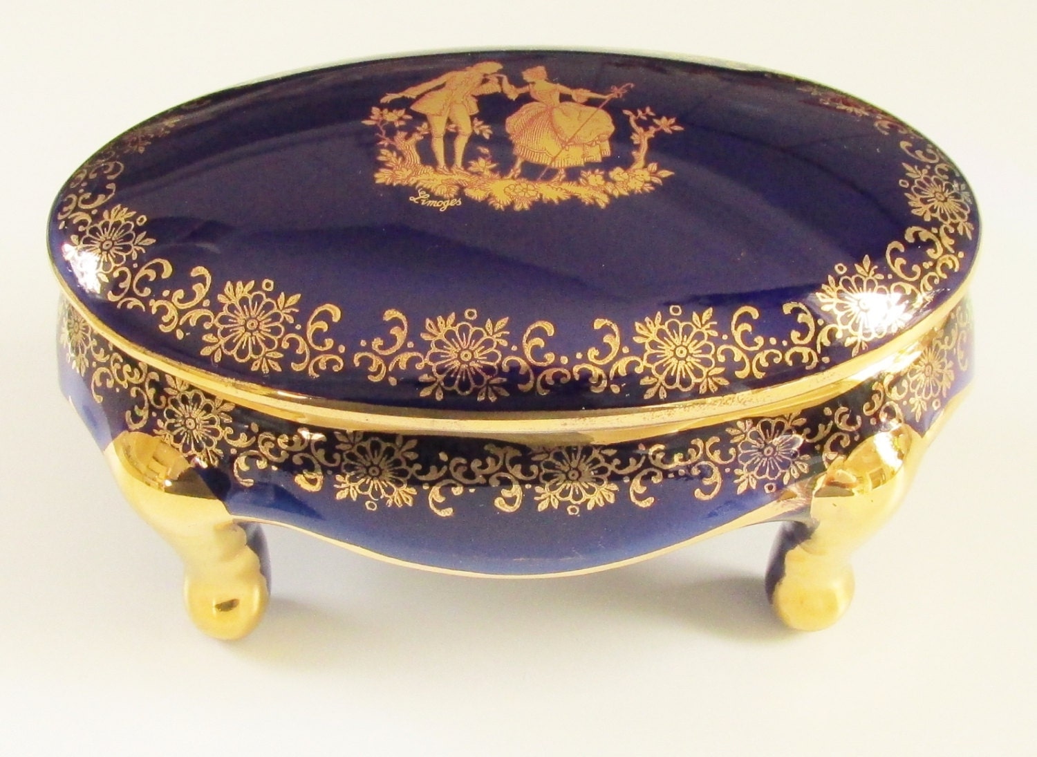 Vintage Limoges Porcelain Trinket Box Cobalt Blue