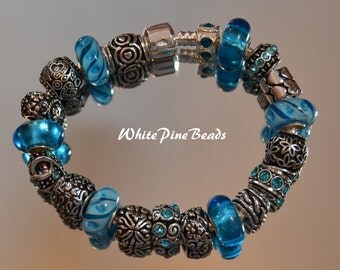 European Charm Bracelet Aqua Blue European Charm Bracelet with Murano Glass Lampwork Beads by WhitePineBeds