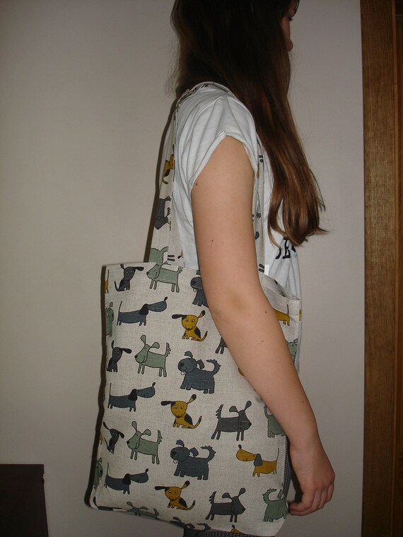 ... Canvas Tote Bag - Natural Linen Tote Bag - Dogs Pattern - With Dogs