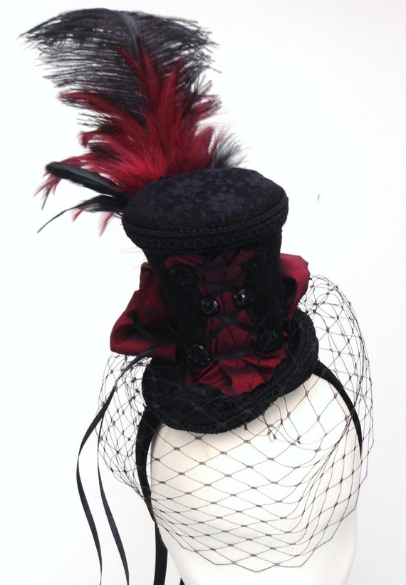 Black & burgundy burlesque bustle tea hat fascinator by Blackpin steampunk buy now online