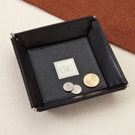 Black Leather Valet Tray Personalized with a Single Initial
