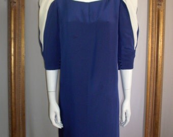 Vintage 1980's Pauline Trigere Blue ans White Dress - Size 14