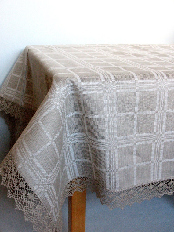 Linen Tablecloth Checked Natural White Gray Linen Lace 100" x 61"