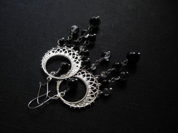 Chandelier earrings, boho earrings, black earrings for her, crystal earrings, silver earrings