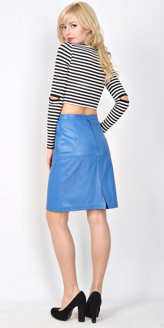 Vintage 80s Blue Leather Mini Skirt High Waist Retro Moto