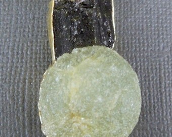 Prehnite and Epidote Pendant edged in Gold - Raw Prehnite with Epidote edged in 24k Electroplated gold Pendant AMAZING (G-301)